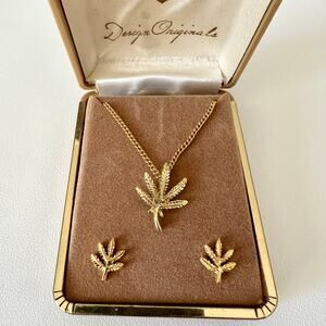 Authentic Vintage Marijuana Cannabis Necklace Earring Set in Gold